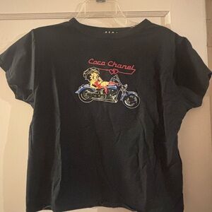 CHANEL MEGA YACHT Black Short-Sleeve Tee with Motorcycle Pin-Up Graphic